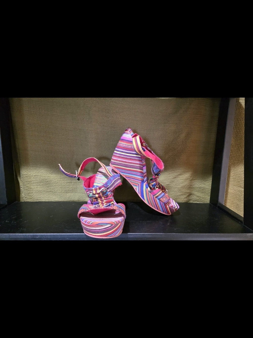 Colorful Striped Platform Wedge Sandals - Pink Multicolor